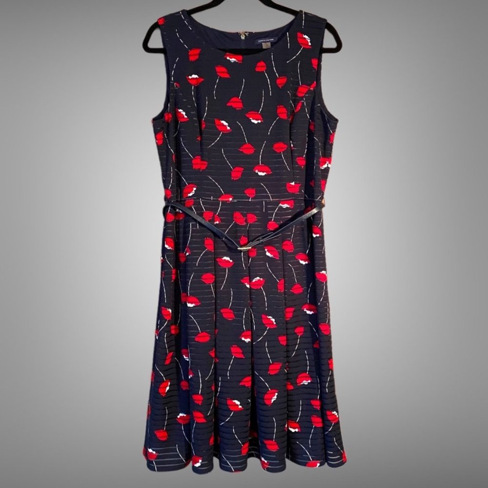 Tommy Hilfiger size 14 stretch navy blue & red floral sheer stripe scuba dress